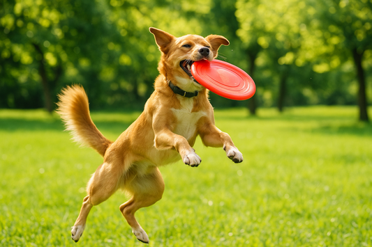 Dog jumping to catch flying disc in park