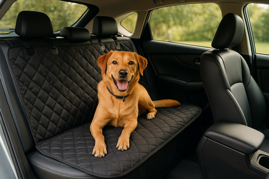 Dog sitting comfortably in car with protective seat cover