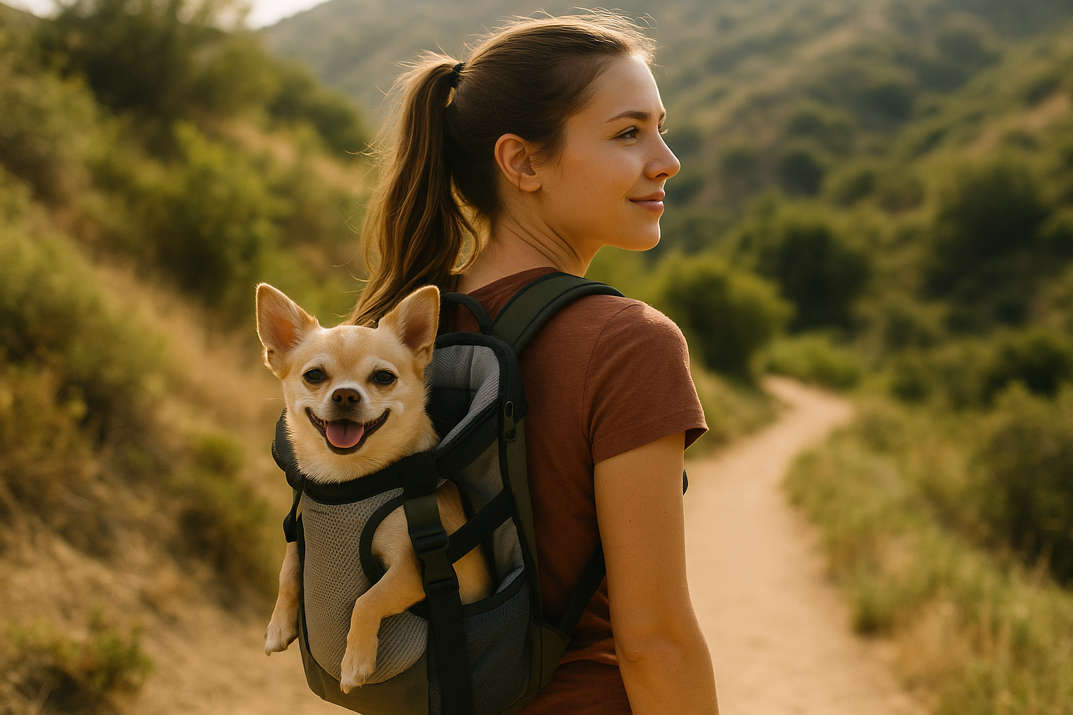 Small dog in pet carrier backpack on hiking trail
