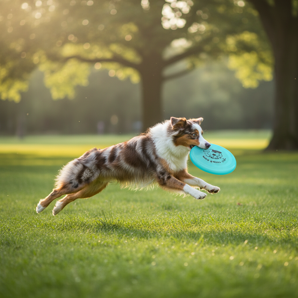 Border Collie catching turquoise flying disc mid-jump