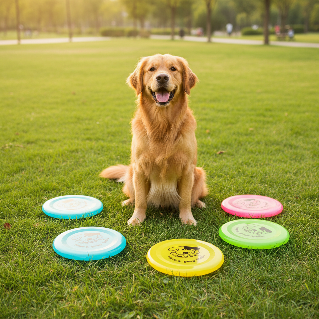 Dog surrounded by all four colored discs