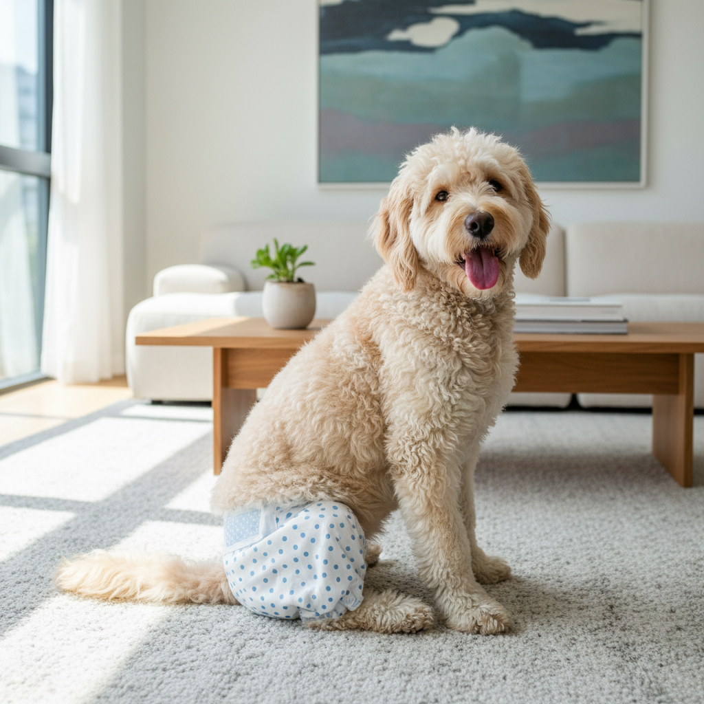 Female dog wearing diaper at home