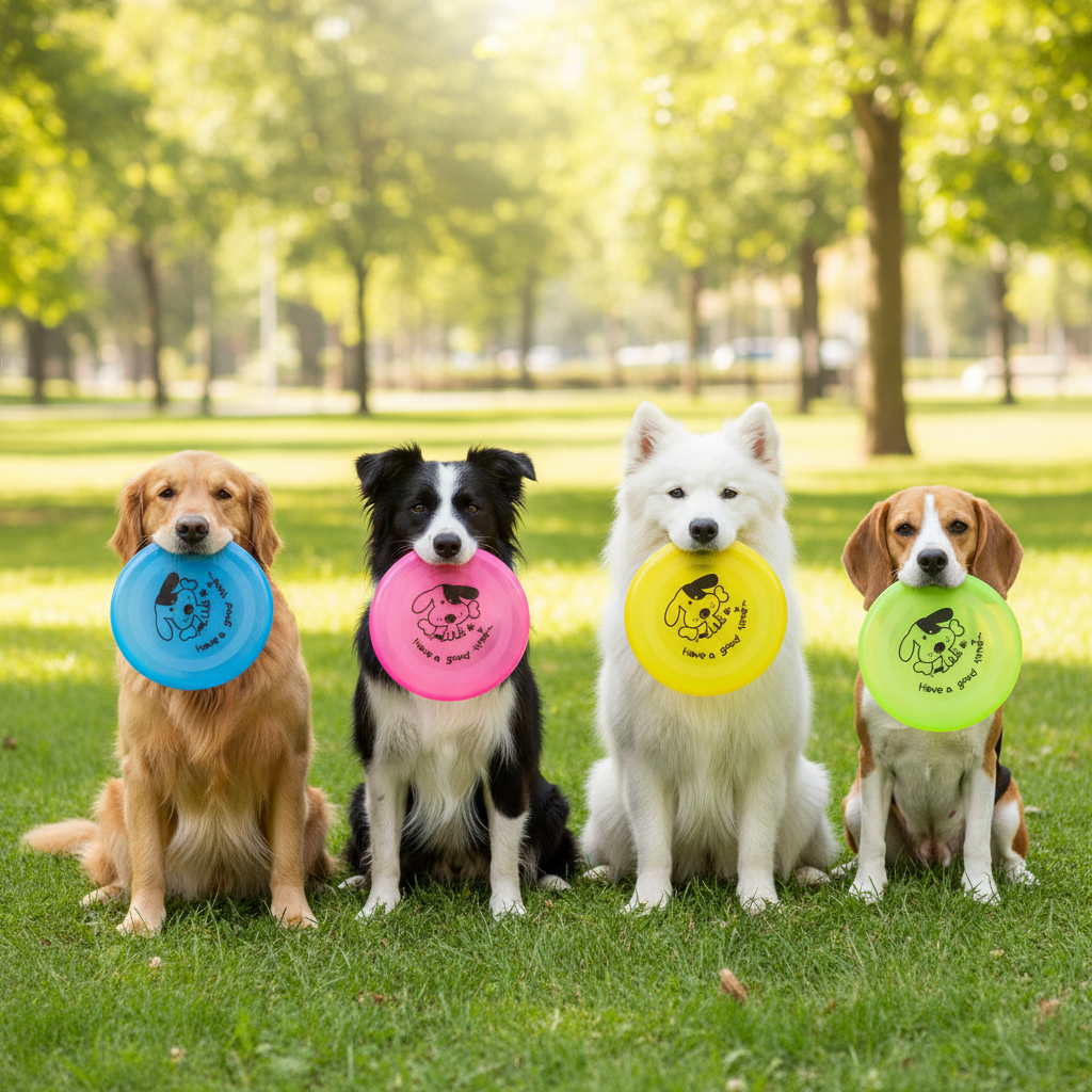 Four dogs each with different colored disc