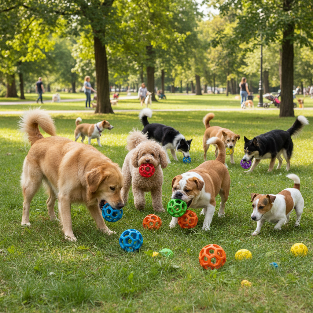 Multiple dogs with toys