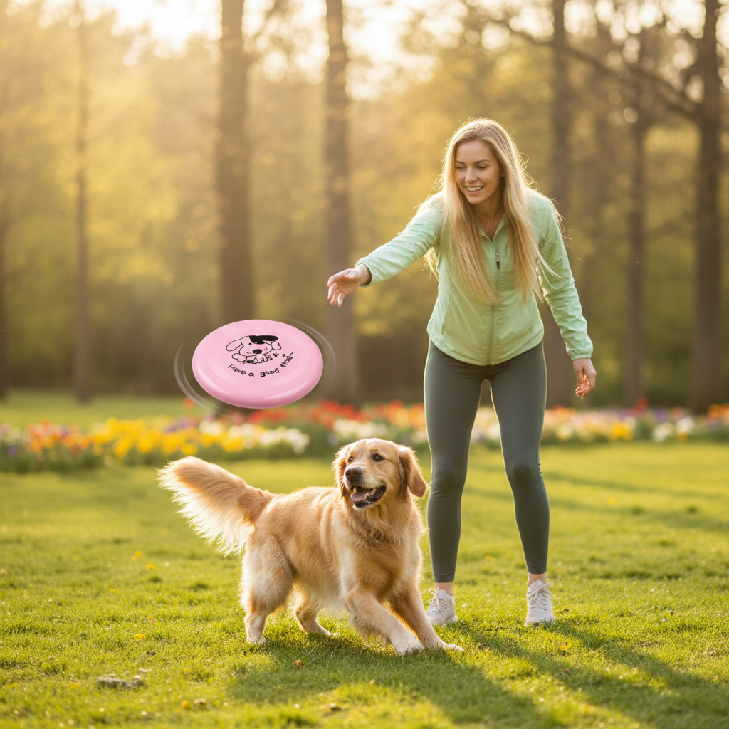 Owner throwing pink disc to dog