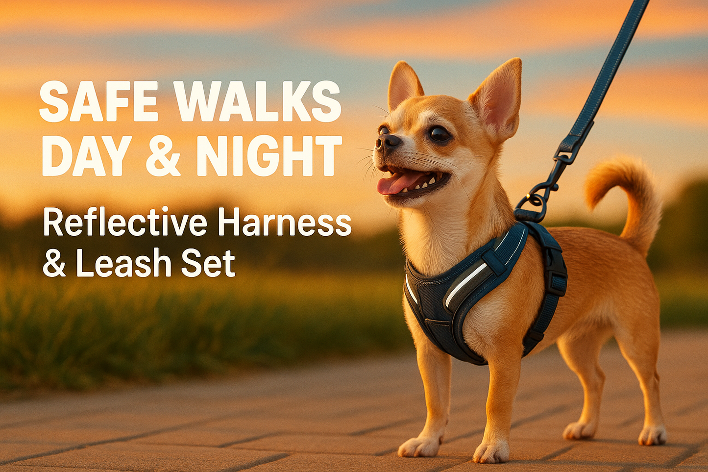 Promotional banner for reflective dog harness and leash set